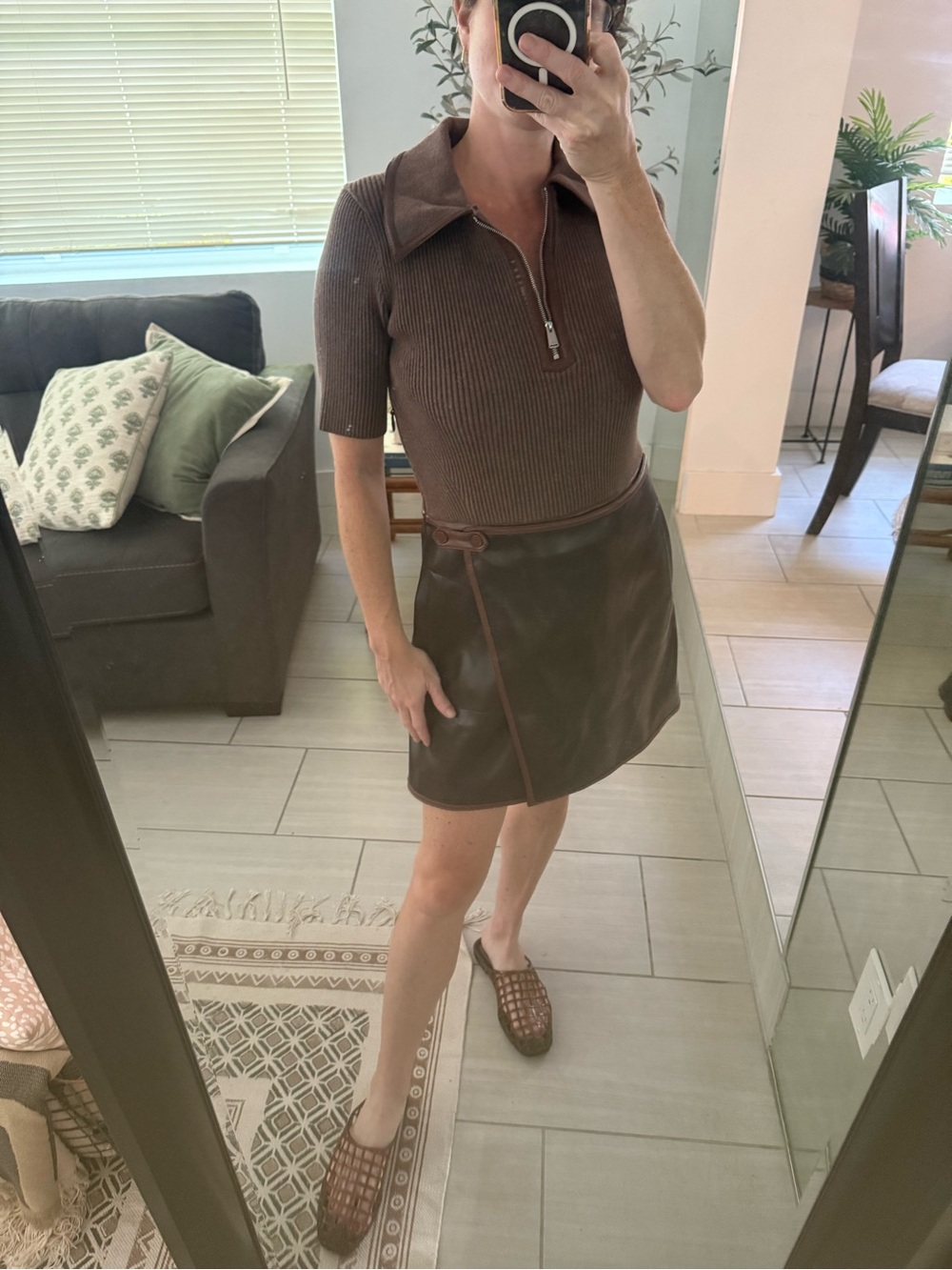 NWT Jonathan Simkhai Brown Minidress Knit Top & Faux Leather Skirt Size L